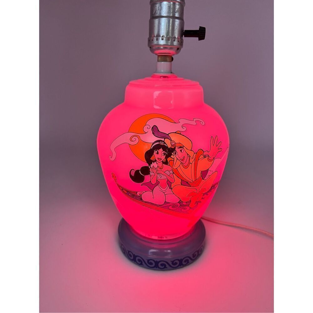 vintage Disney Aladdin & Jasmine Genie Milk Glass Lamp Red Light Night Light 90s